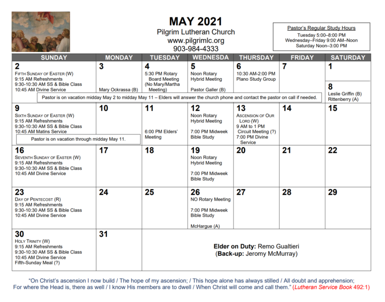Pilgrim Lutheran Church — May 2021 Calendar